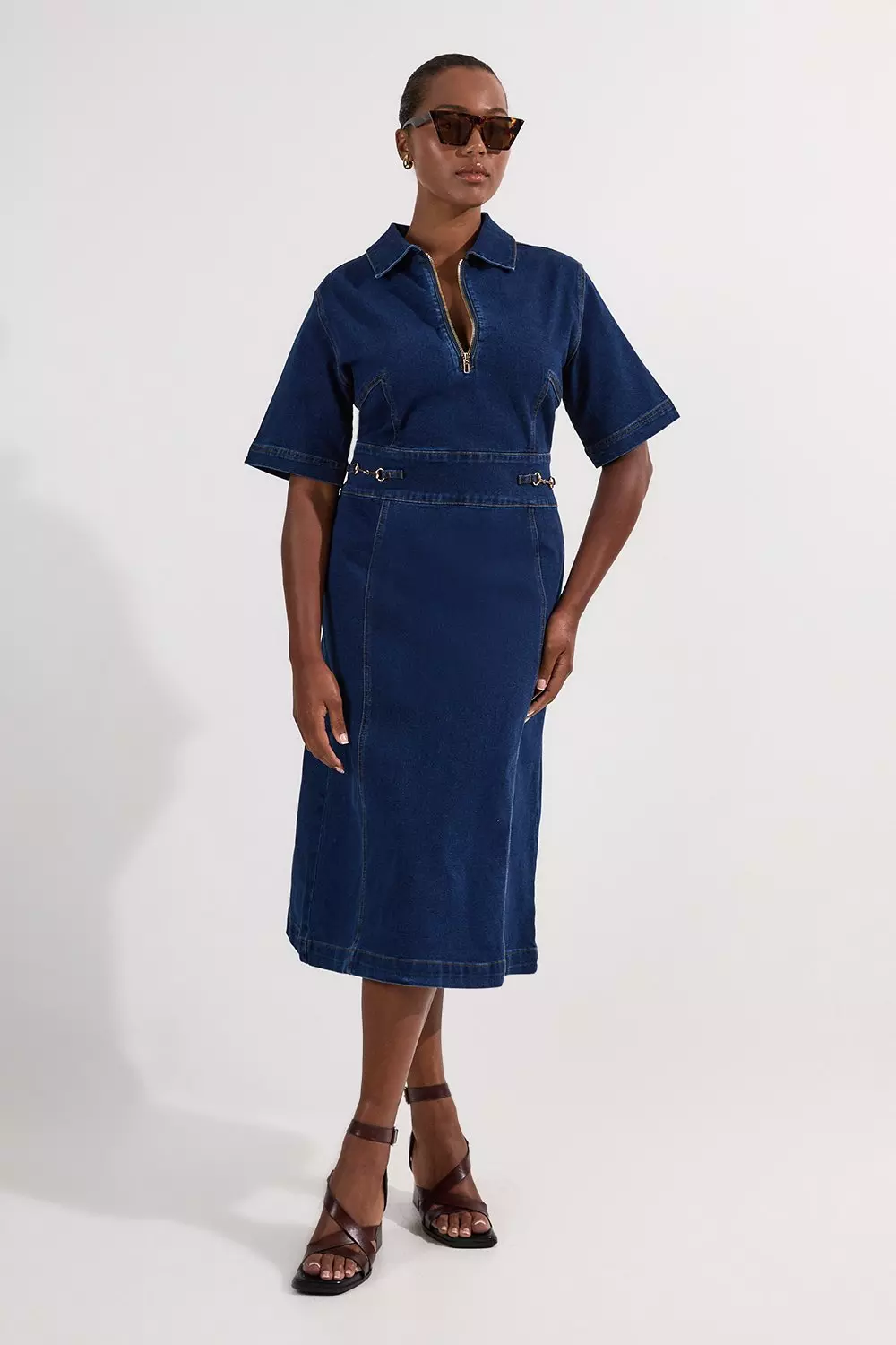 Plus Size Stretch Denim Snaffle Trim Collared Midi Dress